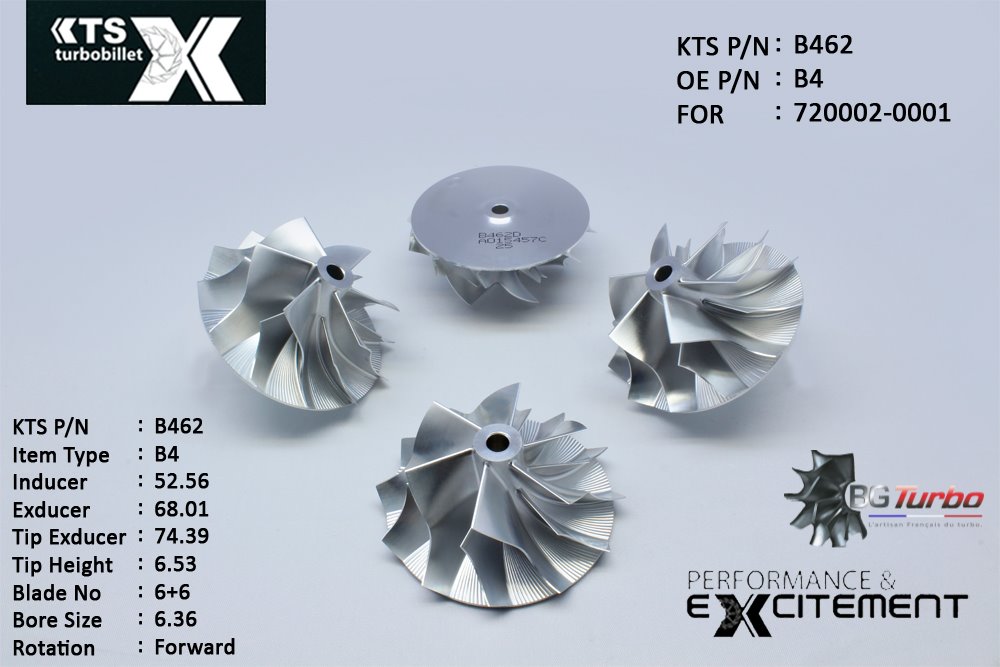 Turbo ROUE FORGÉE MFS PERFORMANCE - 6+6 PALES - INDUCER : 52,56 - EXDUCER : 68,01 - TYPE : B4ANGLE : 45° - ROTATION : Forward - SUPER BACK : 1,53 - BORE SIZE : 6,36
